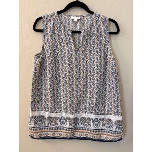 J.Jill Love Linen Sleeveless Top Elephant Print Keyhole Neckline Pockets‎ Size M